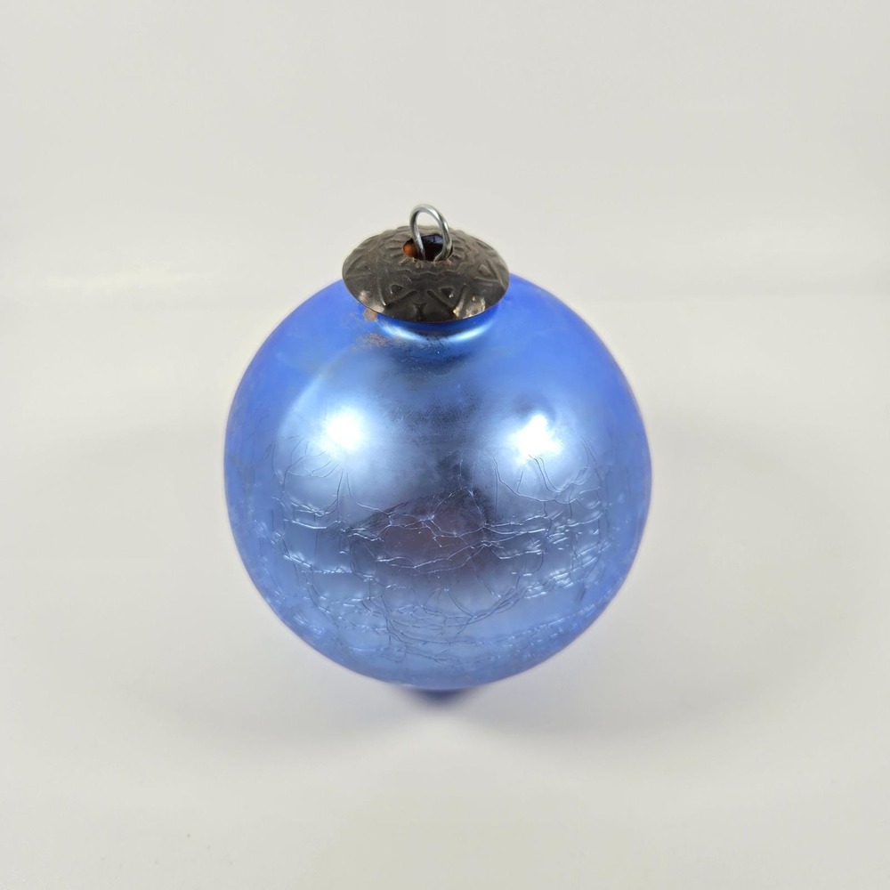 Beautiful Vintage Kugle Style Crackle‎ Glass round Blue bulb 4" inch ornament -1